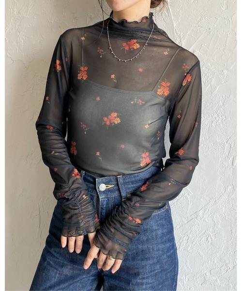 セール】ハイネック長袖シャーリング花柄シアートップス（Tシャツ