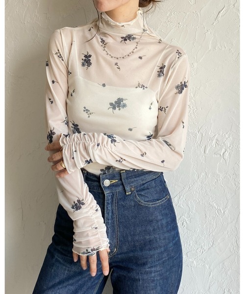 me 花柄 ハイネック長袖トップス ピンク セール】ハイネック長袖シャーリング花柄シアートップス（T