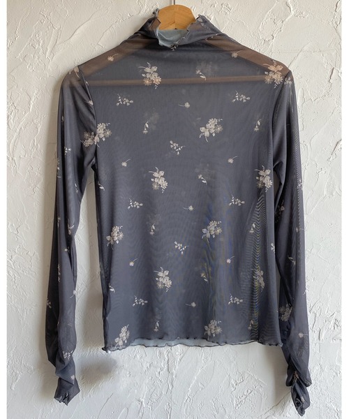 セール】ハイネック長袖シャーリング花柄シアートップス（Tシャツ
