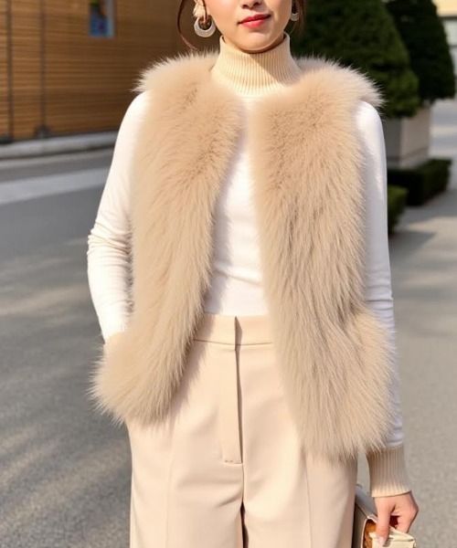 cammie(キャミー)の「フェイクファージレ(ベスト・レディース・ブラック/ベージュ・L/M)」の2枚目の写真