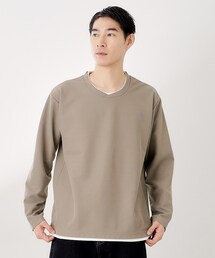 【一枚でコーディネートが完成!】レイヤード風クルーネック長袖Tシャツ 洗濯機OK