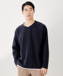 【一枚でコーディネートが完成！】レイヤード風クルーネック長袖Tシャツ　洗濯機OK