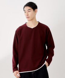 【一枚でコーディネートが完成！】レイヤード風クルーネック長袖Tシャツ　洗濯機OK