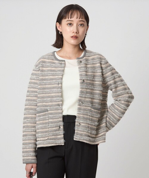 green label ツイードライクニットカーディガン　ノーカラージャケット ミックスツイードライク ノーカラー ニット カーディガン