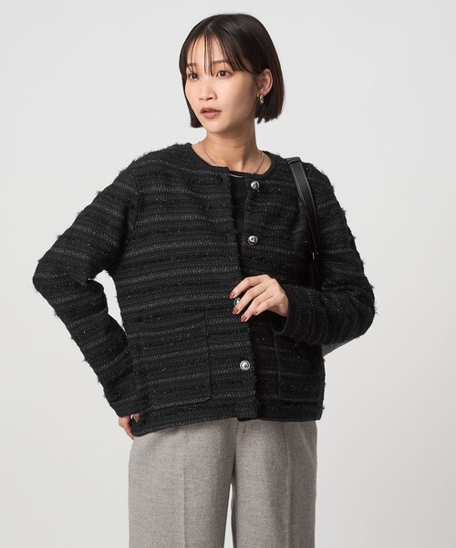green label ツイードライクニットカーディガン　ノーカラージャケット ミックスツイードライク ノーカラー ニット カーディガン