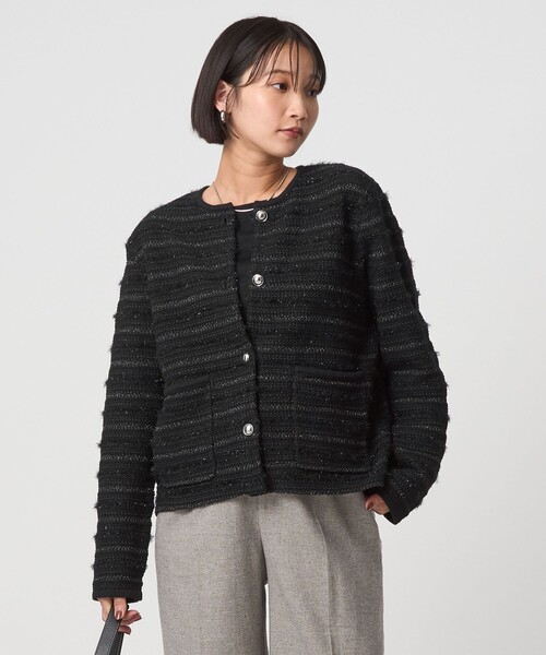 green label ツイードライクニットカーディガン　ノーカラージャケット ミックスツイードライク ノーカラー ニット カーディガン