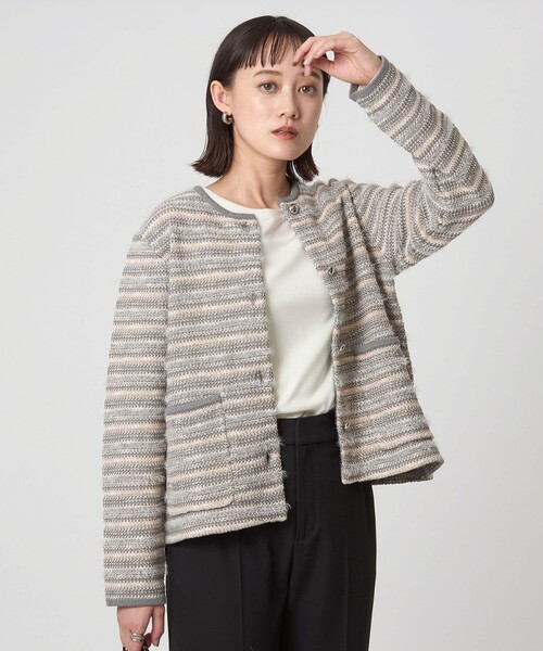 green label ツイードライクニットカーディガン　ノーカラージャケット ミックスツイードライク ノーカラー ニット カーディガン