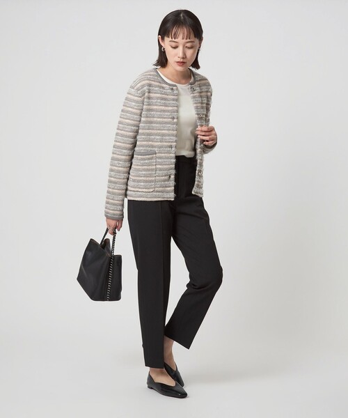 ミックスツイードライク ノーカラー ニット カーディガン