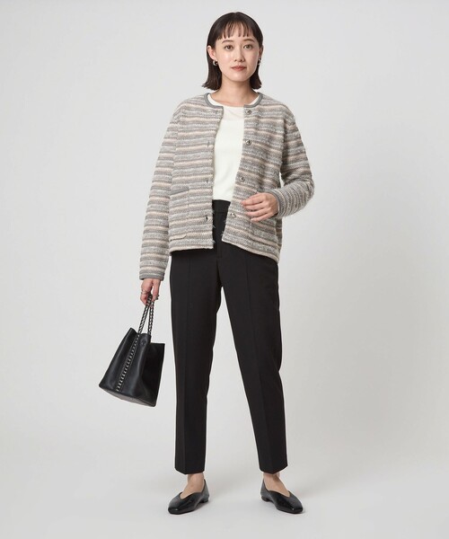 ミックスツイードライク ノーカラー ニット カーディガン