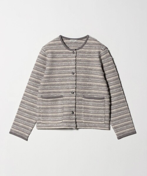 ミックスツイードライク ノーカラー ニット カーディガン