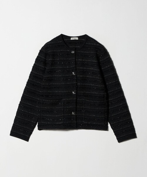 ミックスツイードライク ノーカラー ニット カーディガン