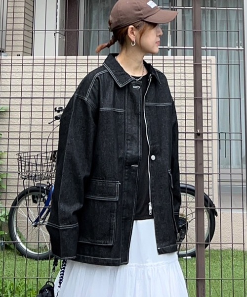 notch.（ノッチ）の「【 notch. by KR 】デニムカバーオールジャケット（動画あり）（デニムジャケット・レディース・ブラック/ネイビー/ブルー・M）」の2枚目の写真