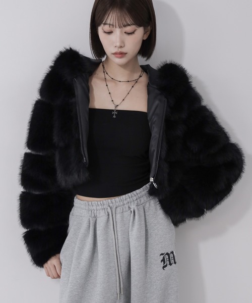 3color 】フェイクファーフーディショートコート ／ fake fur hoodie