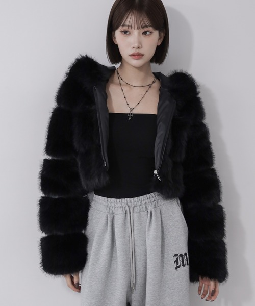 3color 】フェイクファーフーディショートコート ／ fake fur hoodie