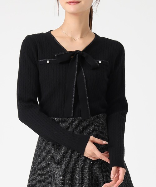 MISCH MASCH（ミッシュマッシュ）の「配色ボウタイケーブルニット（ニット/セーター・レディース・ブルー/グレー/ブラック/イエロー・ﾌﾘ-）」の9枚目の写真