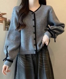 袖リボン 配色パイピング ニットカーディガン