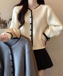 袖リボン 配色パイピング ニットカーディガン