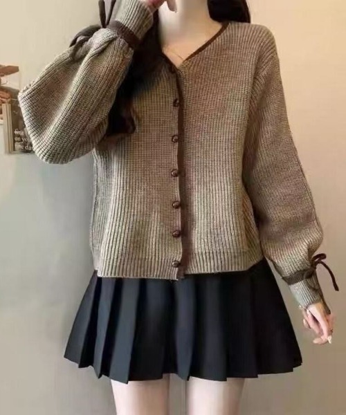 Beststore(ベストストア)の「袖リボン 配色パイピング ニットカーディガン(カーディガン/ボレロ・レディース・アイボリー/グレー/モカ・FREE)」の7枚目の写真