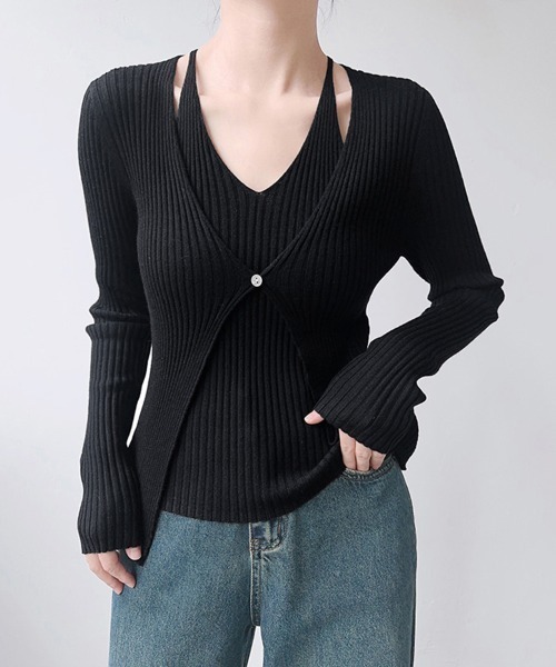 ONEP STAR(ワンピスター)の「Vネックドッキングニットトップス(ニット/セーター・レディース・グレイッシュベージュ/ブラック/グレー・FREE)」の2枚目の写真