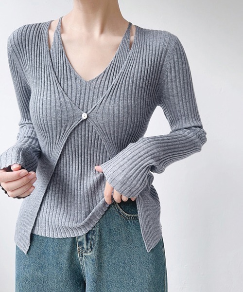 ONEP STAR(ワンピスター)の「Vネックドッキングニットトップス(ニット/セーター・レディース・グレイッシュベージュ/ブラック/グレー・FREE)」の20枚目の写真