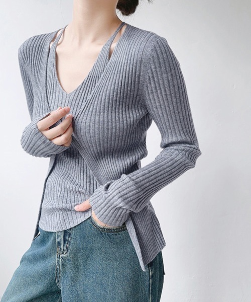 ONEP STAR(ワンピスター)の「Vネックドッキングニットトップス(ニット/セーター・レディース・グレイッシュベージュ/ブラック/グレー・FREE)」の5枚目の写真