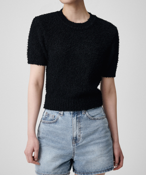MUSINSA STANDARD WOMAN（ムシンサスタンダードウーマン）の「ウィメンズファンシーヤンクルーネック半袖ニット[ブラック]（ニット/セーター・レディース・その他・SMALL/MEDIUM/LARGE）」の2枚目の写真