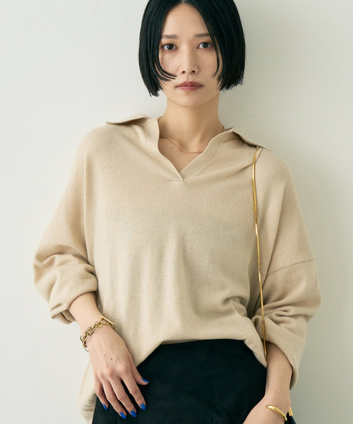 Rouge vif(ルージュヴィフ)の「カシミヤ混ウール襟付きスキッパーニット(ニット/セーター・レディース・ピンク/ベージュ/ブラウン・フリー)」の1枚目の写真