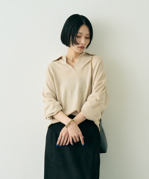 Rouge vif(ルージュヴィフ)の「カシミヤ混ウール襟付きスキッパーニット(ニット/セーター・レディース・ピンク/ベージュ/ブラウン・フリー)」の4枚目の写真