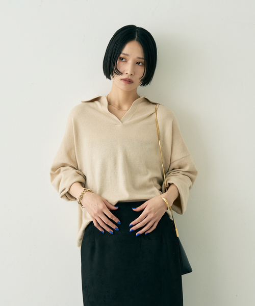 Rouge vif(ルージュヴィフ)の「カシミヤ混ウール襟付きスキッパーニット(ニット/セーター・レディース・ピンク/ベージュ/ブラウン・フリー)」の5枚目の写真