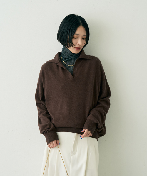 Rouge vif(ルージュヴィフ)の「カシミヤ混ウール襟付きスキッパーニット(ニット/セーター・レディース・ピンク/ベージュ/ブラウン・フリー)」の13枚目の写真