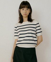 stripe round knit top-ivory+navy