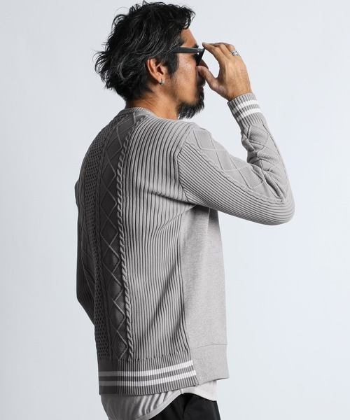 The DUFFER of ST.GEORGE(ザダファーオブセントジョージ)の「WASHABLE SWITCHING KNIT:スウェット/アランニット 切替えデザイン ウォッシャブルニット(ニット/セーター・メンズ・グレー/ブラック/ライトグレー・SMALL/MEDIUM/LARGE/X-LARGE)」の1枚目の写真