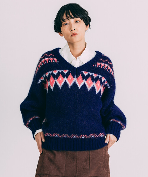 Freada(フリーダ)の「Freada/フリーダ Vネック 配色 ノルディック柄ニット(ニット/セーター・レディース・ネイビー/ライトグレー・ONE SIZE)」の4枚目の写真