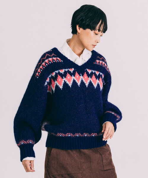 Freada(フリーダ)の「Freada/フリーダ Vネック 配色 ノルディック柄ニット(ニット/セーター・レディース・ネイビー/ライトグレー・ONE SIZE)」の10枚目の写真