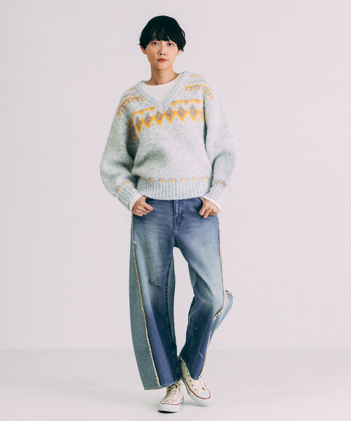 Freada(フリーダ)の「Freada/フリーダ Vネック 配色 ノルディック柄ニット(ニット/セーター・レディース・ネイビー/ライトグレー・ONE SIZE)」の13枚目の写真