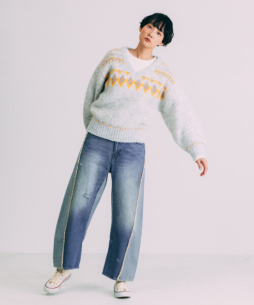 Freada(フリーダ)の「Freada/フリーダ Vネック 配色 ノルディック柄ニット(ニット/セーター・レディース・ネイビー/ライトグレー・ONE SIZE)」の18枚目の写真