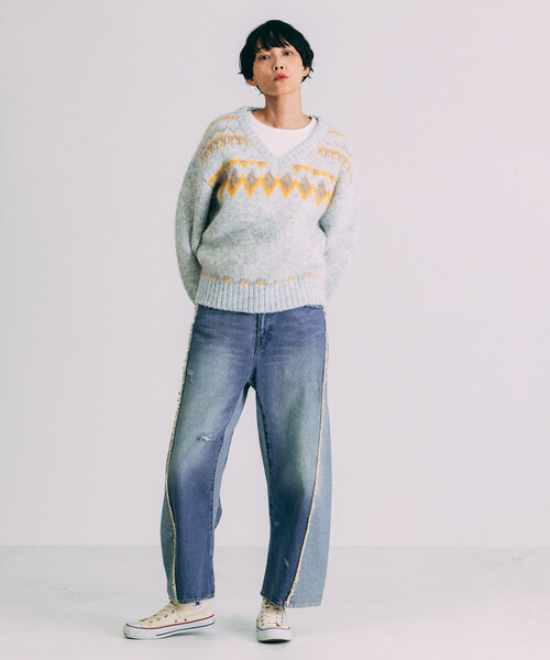 Freada(フリーダ)の「Freada/フリーダ Vネック 配色 ノルディック柄ニット(ニット/セーター・レディース・ネイビー/ライトグレー・ONE SIZE)」の20枚目の写真