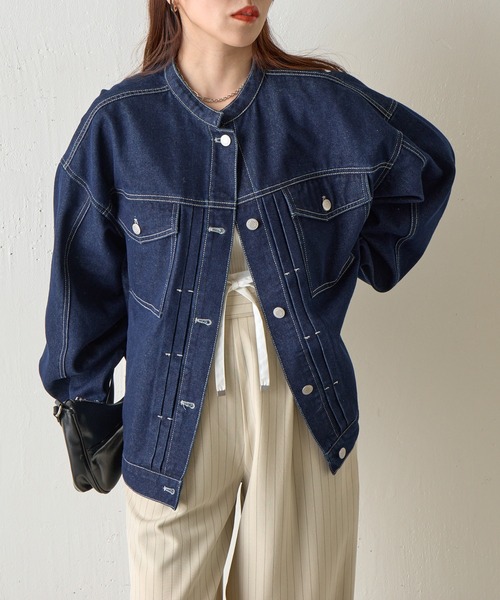 COLONY 2139(コロニートゥーワンスリーナイン)の「スタンドカラータックGジャン(デニムジャケット・レディース・ネイビー/サックスブルー・FREE)」の3枚目の写真