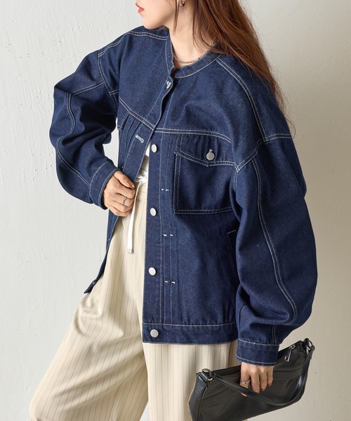 COLONY 2139(コロニートゥーワンスリーナイン)の「スタンドカラータックGジャン(デニムジャケット・レディース・ネイビー/サックスブルー・FREE)」の4枚目の写真