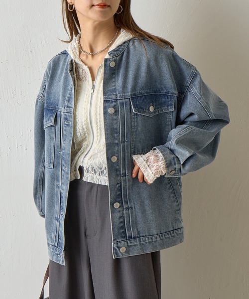 COLONY 2139(コロニートゥーワンスリーナイン)の「スタンドカラータックGジャン(デニムジャケット・レディース・ネイビー/サックスブルー・FREE)」の12枚目の写真