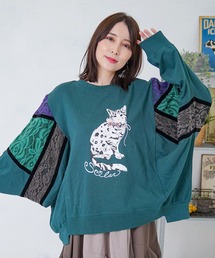 ScoLar | 153782：ネコ柄ミニ裏毛×起毛レース配色プルオーバー(Tシャツ/カットソー)