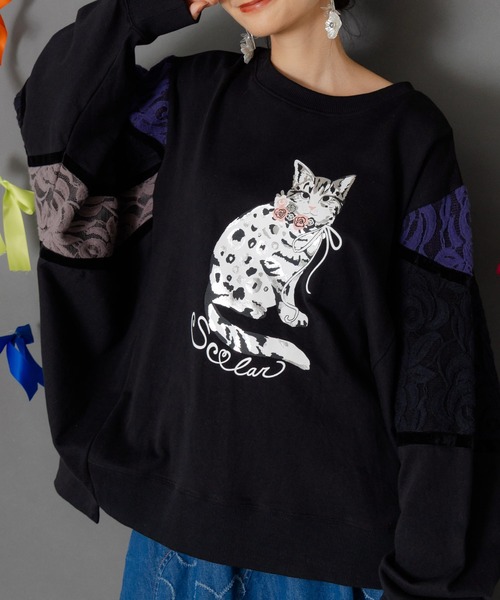 ScoLar（スカラー）の「153782：ネコ柄ミニ裏毛×起毛レース配色プルオーバー（Tシャツ/カットソー・レディース・グリーン/ブラック/杢グレー・M）」の12枚目の写真