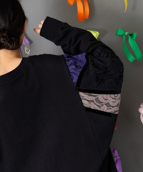 ScoLar（スカラー）の「153782：ネコ柄ミニ裏毛×起毛レース配色プルオーバー（Tシャツ/カットソー・レディース・グリーン/ブラック/杢グレー・M）」の14枚目の写真