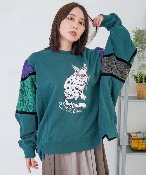 ScoLar（スカラー）の「153782：ネコ柄ミニ裏毛×起毛レース配色プルオーバー（Tシャツ/カットソー・レディース・グリーン/ブラック/杢グレー・M）」の17枚目の写真