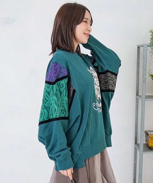 ScoLar（スカラー）の「153782：ネコ柄ミニ裏毛×起毛レース配色プルオーバー（Tシャツ/カットソー・レディース・グリーン/ブラック/杢グレー・M）」の20枚目の写真