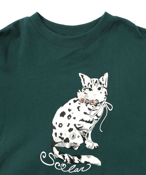 ScoLar（スカラー）の「153782：ネコ柄ミニ裏毛×起毛レース配色プルオーバー（Tシャツ/カットソー・レディース・グリーン/ブラック/杢グレー・M）」の5枚目の写真