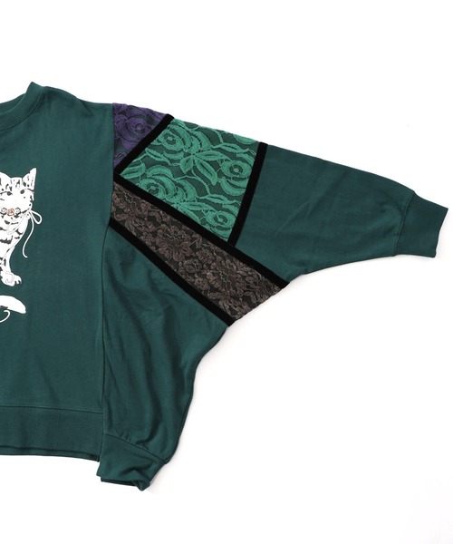 ScoLar（スカラー）の「153782：ネコ柄ミニ裏毛×起毛レース配色プルオーバー（Tシャツ/カットソー・レディース・グリーン/ブラック/杢グレー・M）」の6枚目の写真