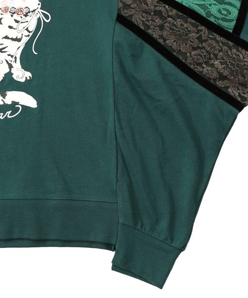 ScoLar（スカラー）の「153782：ネコ柄ミニ裏毛×起毛レース配色プルオーバー（Tシャツ/カットソー・レディース・グリーン/ブラック/杢グレー・M）」の18枚目の写真