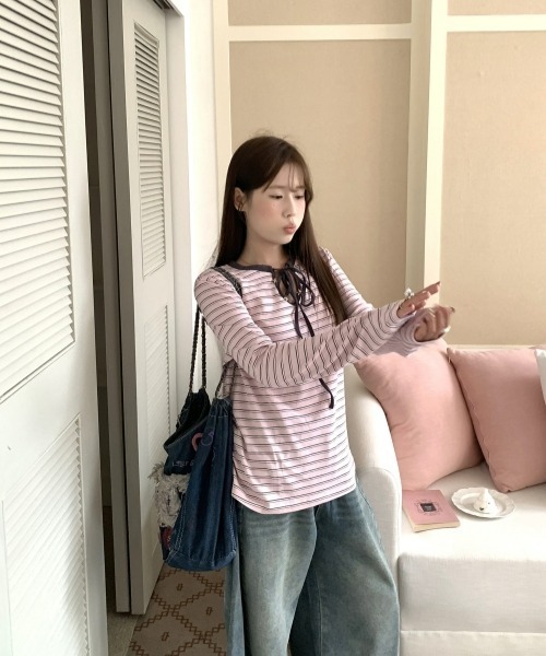gossip！ロサンゼルス（ゴシップロサンゼルス）の「【Y2Kガーリー】レトロボーダー長袖Tシャツ（Tシャツ/カットソー・レディース・ピンク・FREE）」の6枚目の写真