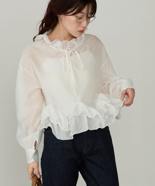 Cherir Mignon(シェリルミニョン)の「【Cherir Mignon】フリルボリュームスリーブブラウス(シャツ/ブラウス・レディース・ホワイト/ブルー・FREE)」の13枚目の写真